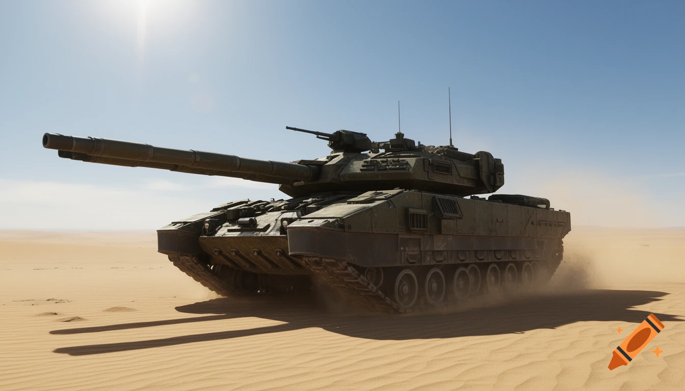 A military tank drives through a sandy desert under a bright sky, kicking up dust. Photorealistic videogame render.