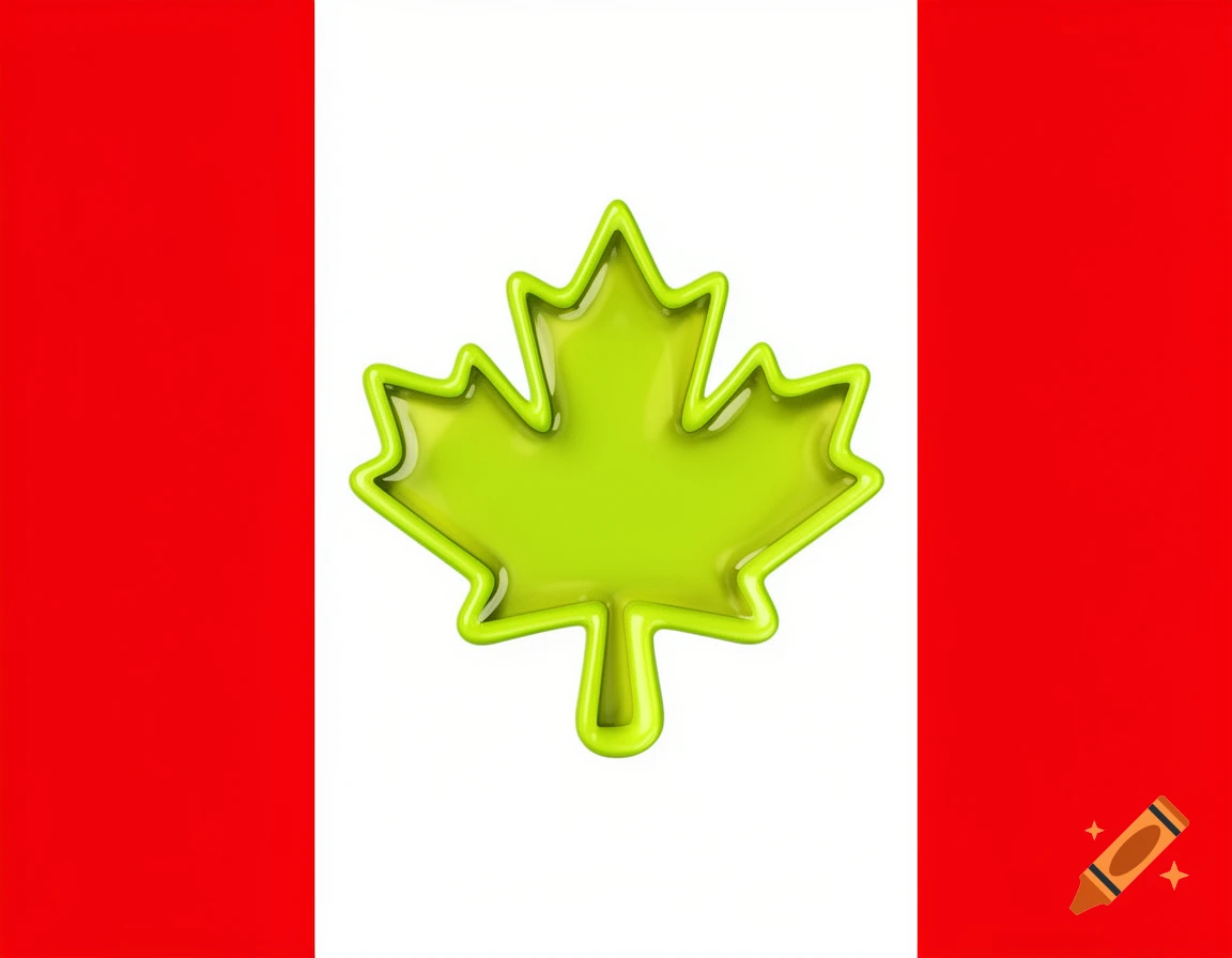 A Canadian flag with a glossy, light green, slime-like maple leaf in the center.