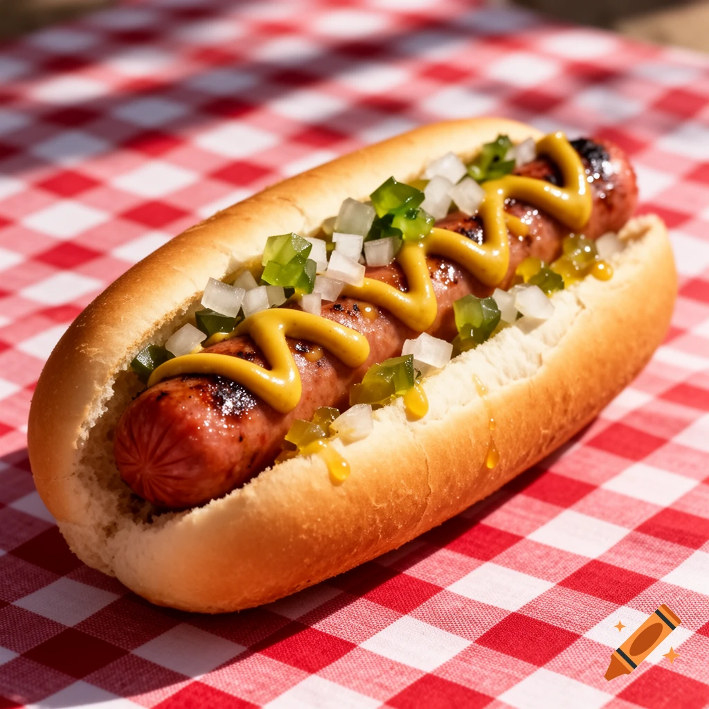 A grilled hot dog in a bun, topped with mustard, diced onions, and relish, sitting on a red and white checkered tablecloth.