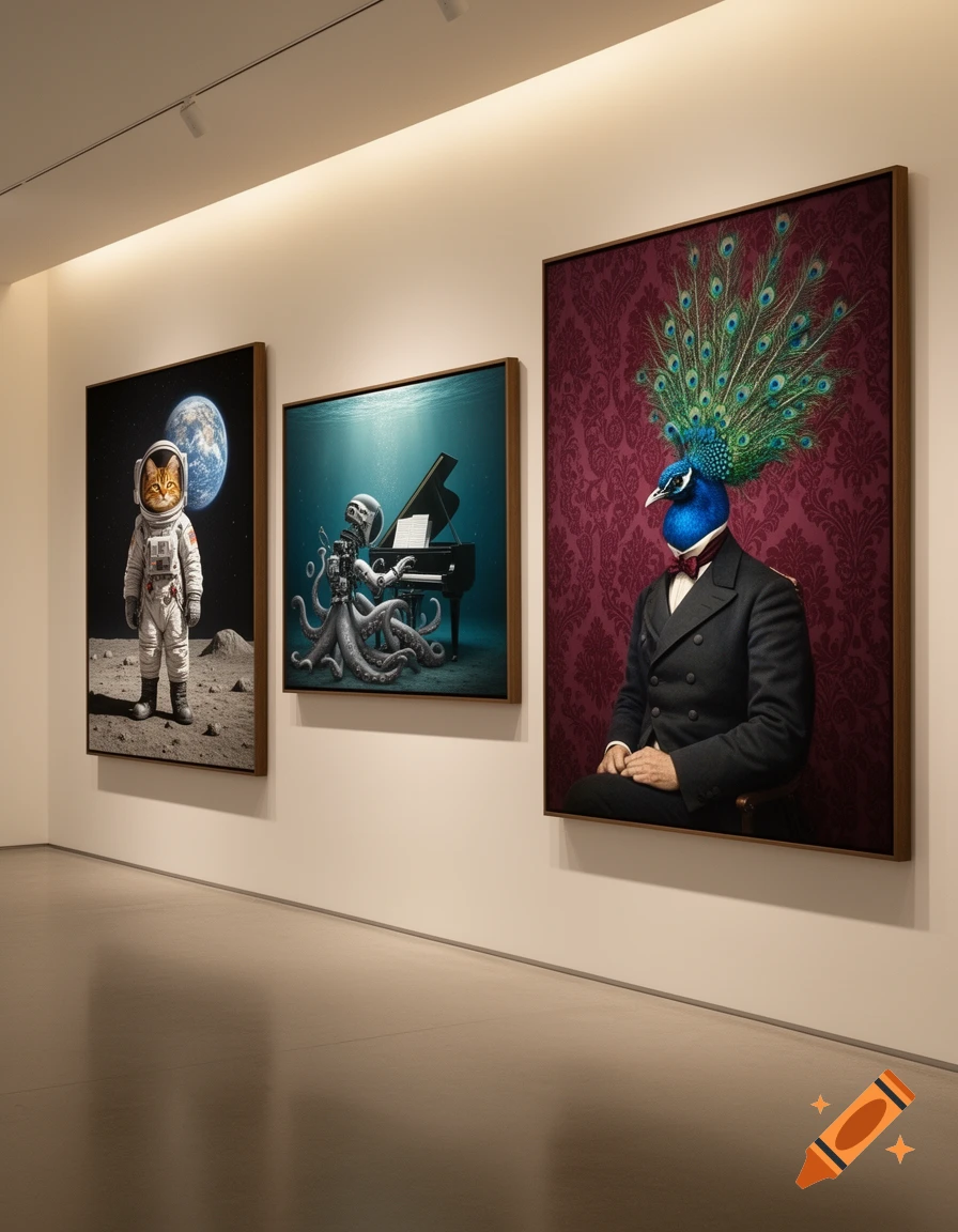 Three framed, surreal paintings featuring a cat astronaut, an octopus pianist, and a peacock-headed man, displayed in an art gallery.