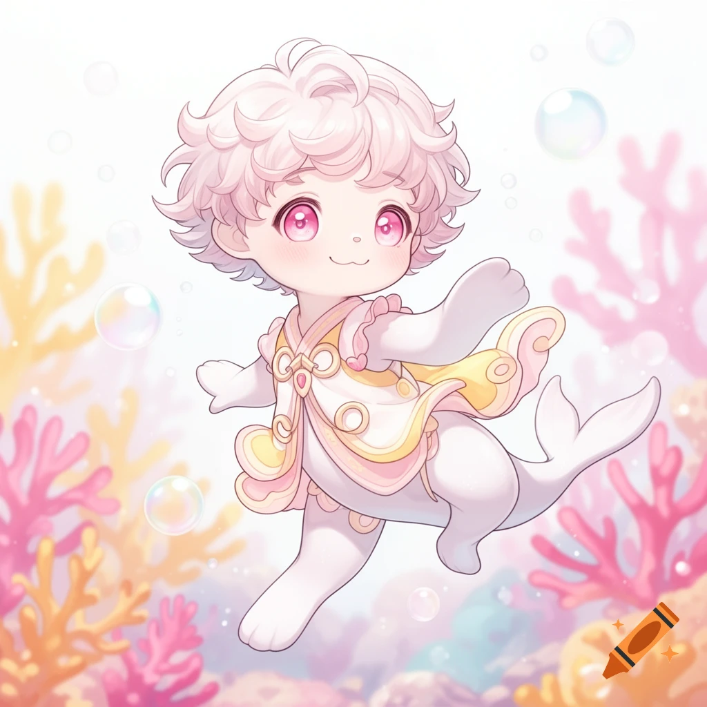Furry anime seal boy with pink hair and eyes, wearing a decorative outfit, floats among coral and bubbles.