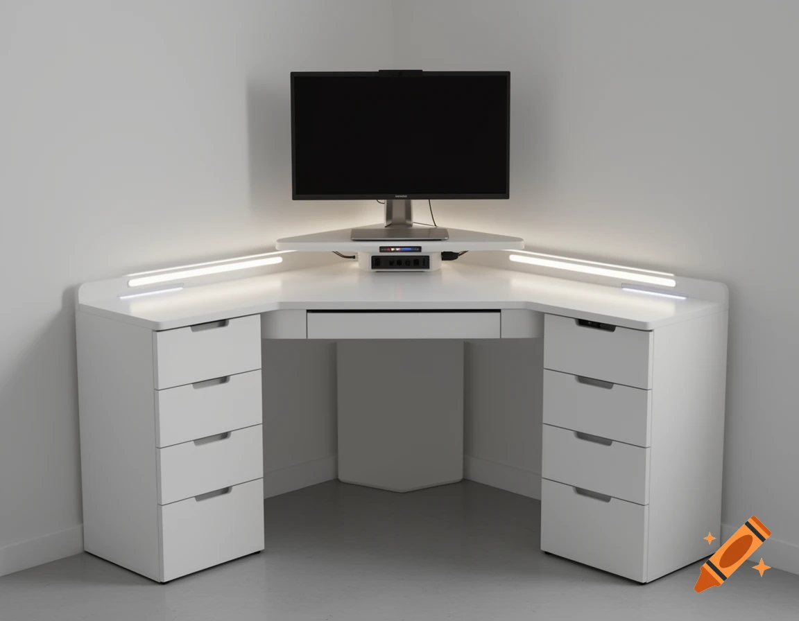 A modern white corner computer desk against a light wall, featuring a black monitor, a monitor stand, a charging station, and two sets of four drawers. LED lights illuminate the desk surface.