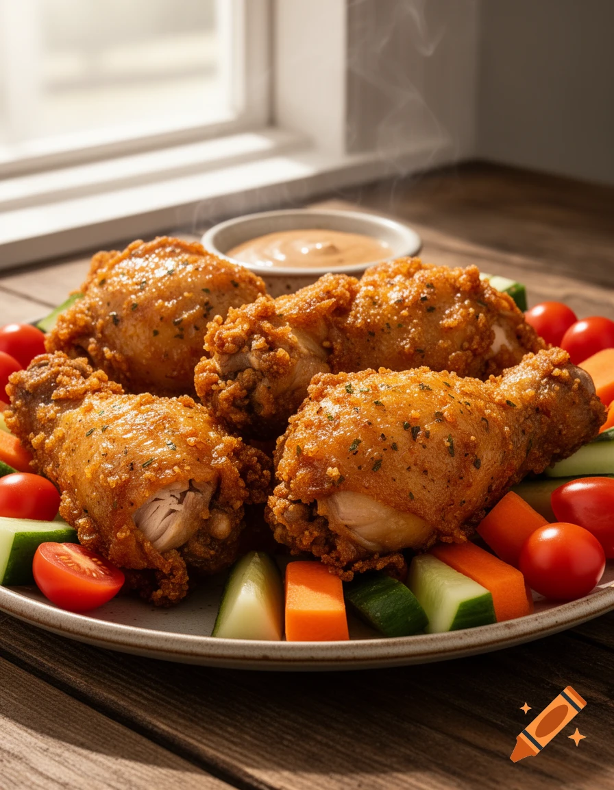 A close-up of a plate of crispy fried chicken drumsticks with cucumber, carrots, tomatoes, and a dipping sauce on a wooden table.
