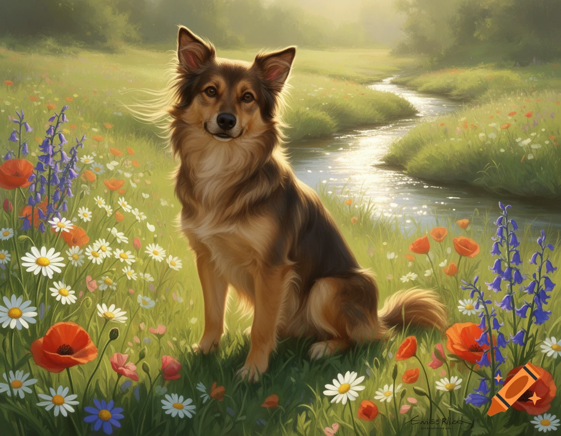 A brown and tan dog sits smiling in a sunlit meadow blooming with colorful wildflowers next to a winding stream, in a drawing.