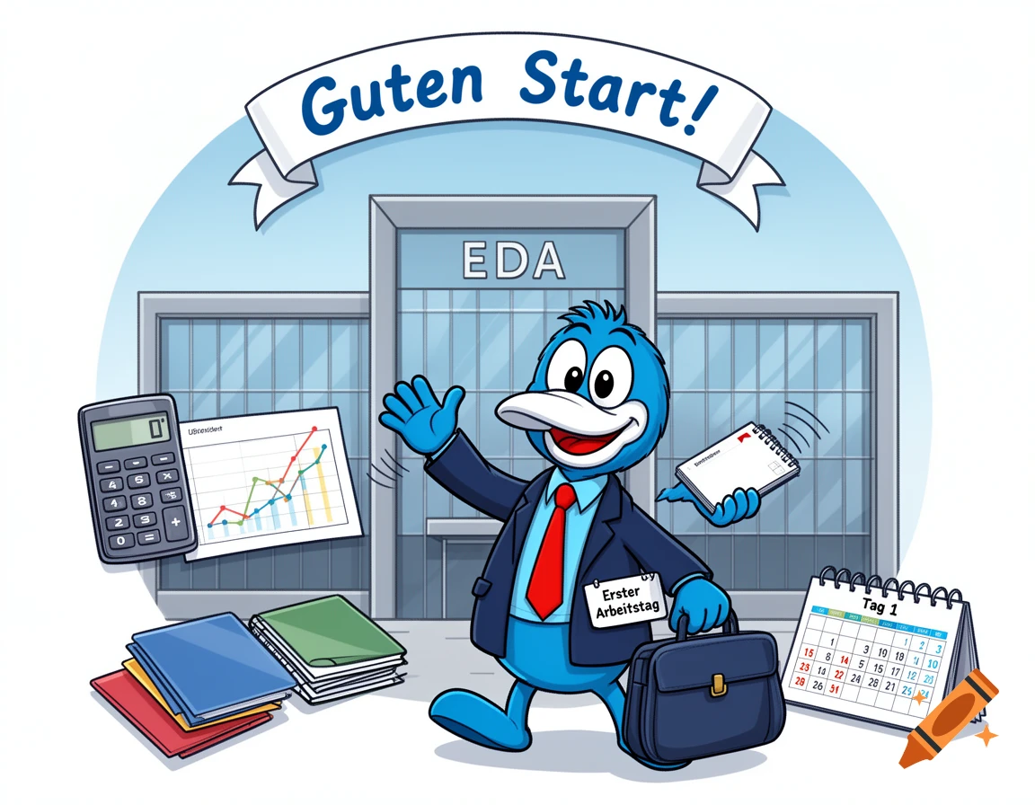 A blue, duck-like cartoon character in a suit stands in front of an office building, holding a briefcase and a notepad, with a banner above reading "Guten Start!"