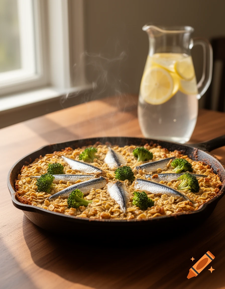 Photorealistic image of a steaming sardine and broccoli oatmeal casserole in a cast-iron skillet, with a pitcher of lemonade in the background.