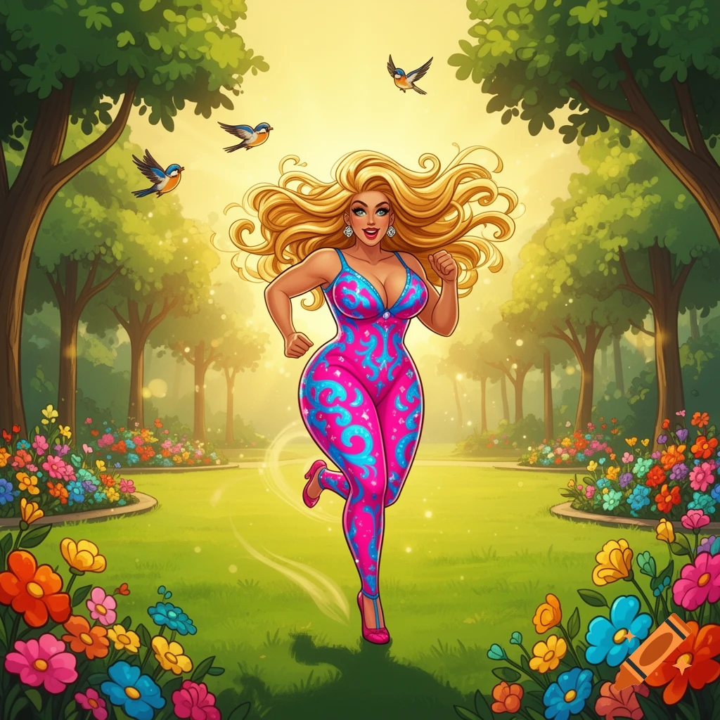 Vibrant cartoon woman with blonde hair, in a pink and blue patterned bodysuit, running through a sunny park filled with colorful flowers and flying birds.