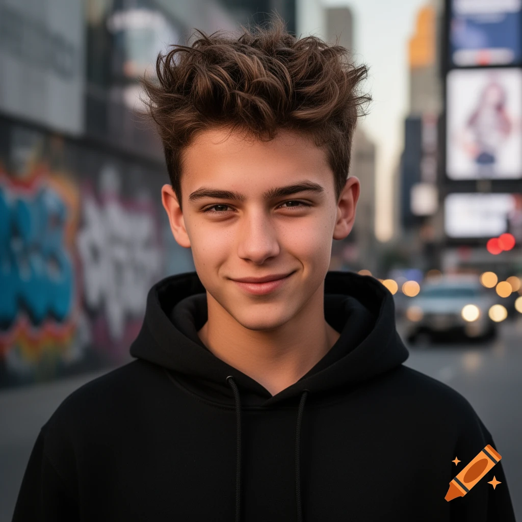 Photorealistic portrait of a smiling teen boy with messy brown hair, wearing a black hoodie, on a city street with blurry graffiti and lights.