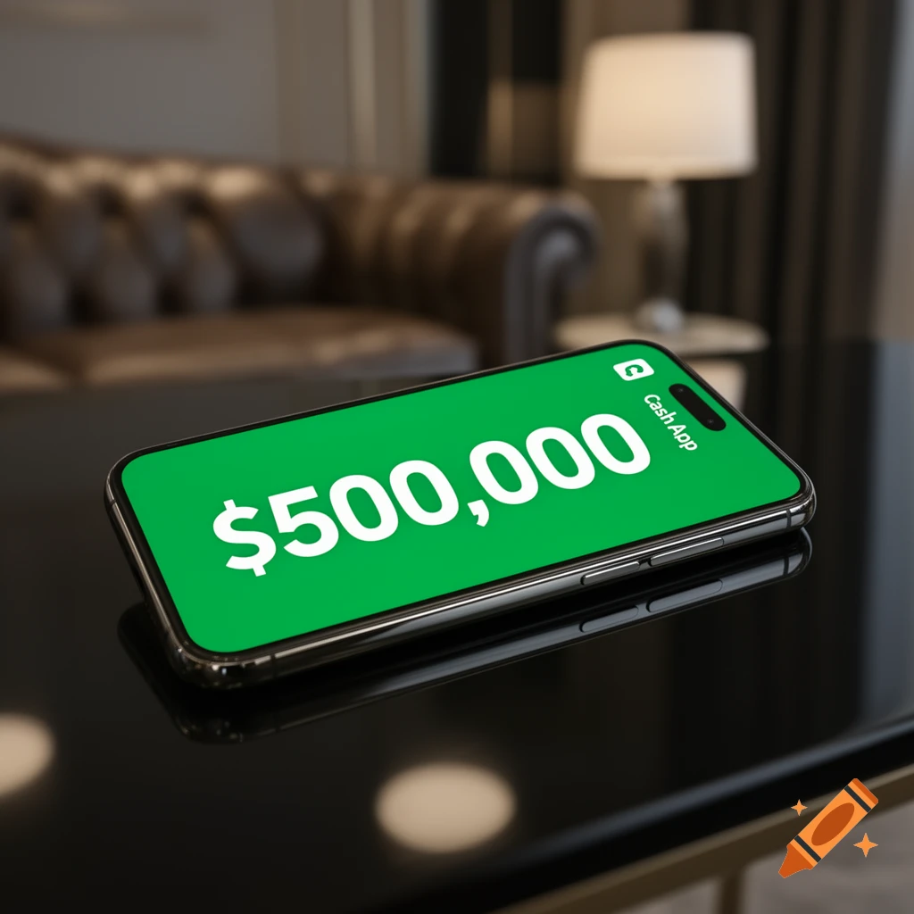 A photorealistic image of a smartphone displaying a $500,000 balance on Cash App, resting on a glossy black table.