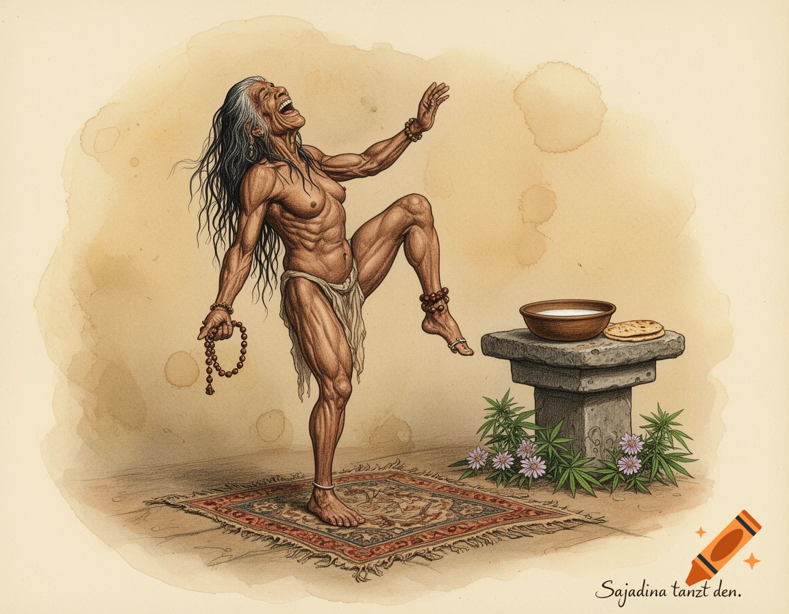 A detailed pen and ink illustration of an ecstatic, elderly Indian woman with exaggerated muscles, dancing on a rug next to a stone altar with cannabis plants. The text 'Sajadina tanzt den.' is at the bottom right.