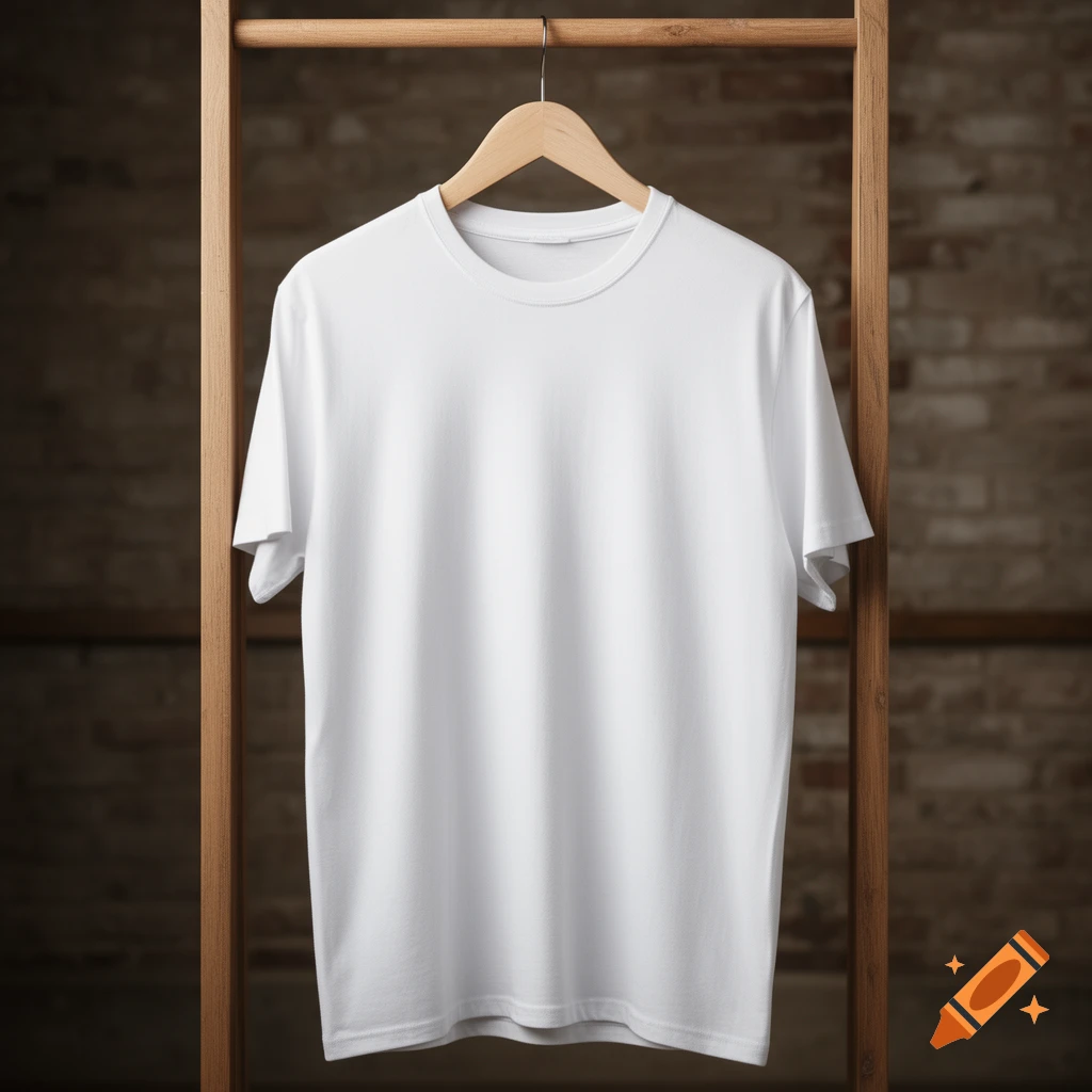 Plain white t-shirt on a wooden hanger, against a blurred brick wall.
