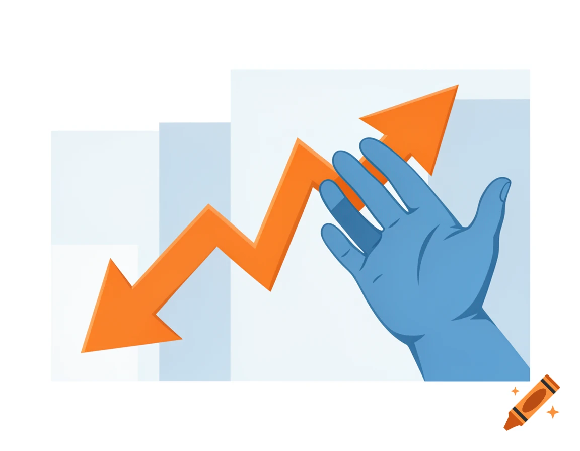 A stylized blue hand reaches towards an orange zig-zag arrow, representing a fluctuating graph or trend on a light blue and white background.