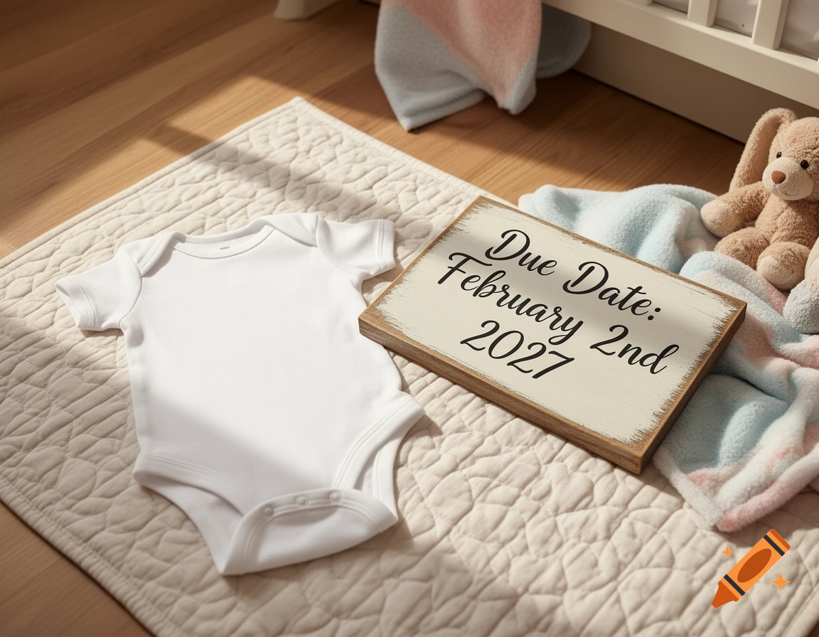 A photorealistic baby announcement scene with a white onesie, a wooden sign reading 'Due Date: February 2nd 2027', a plush bunny, and blankets on a mat.