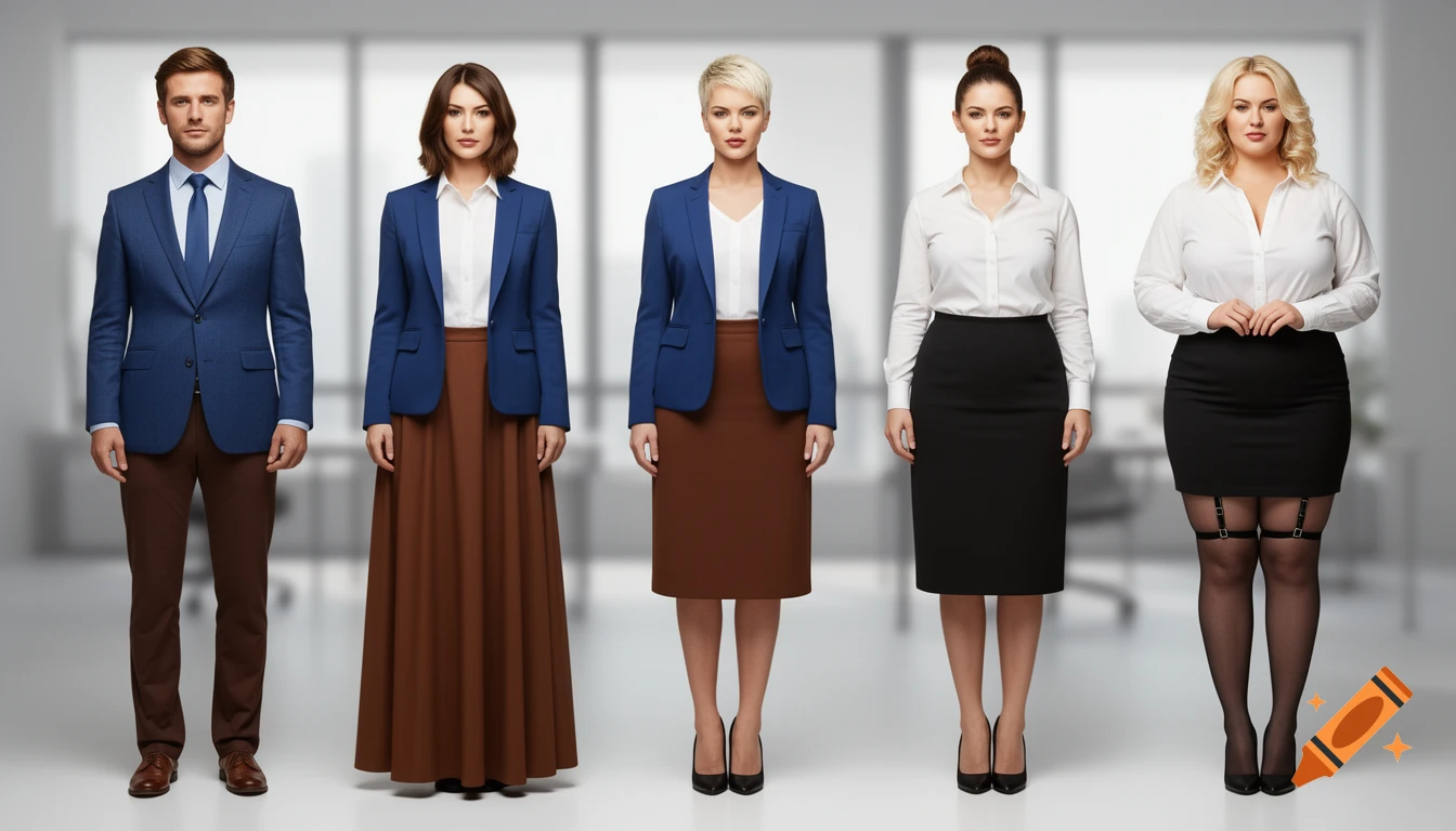 Five individuals, one man and four women, stand facing forward in a sequence, all dressed in business casual attire with variations in skirts and hairstyles.