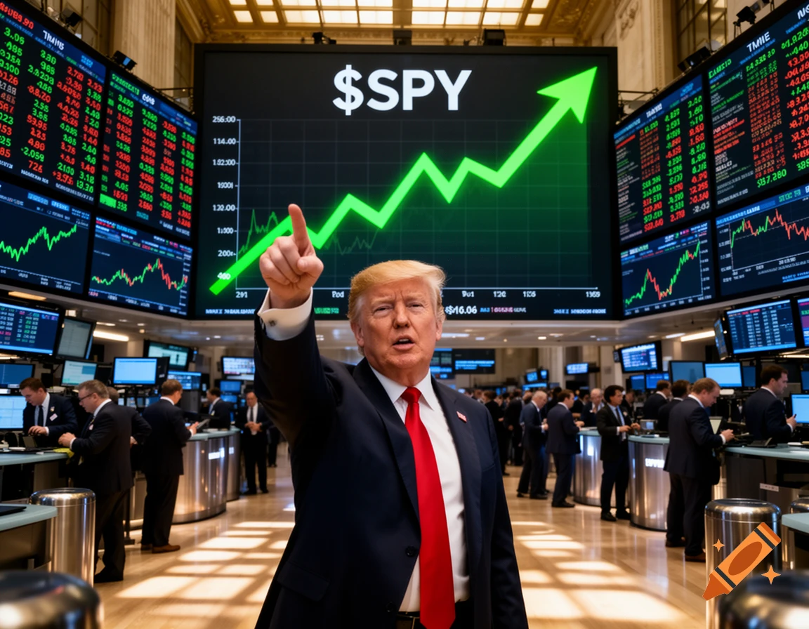Donald Trump in a stock exchange, pointing at a large screen displaying "$SPY" with a green upward trend graph.