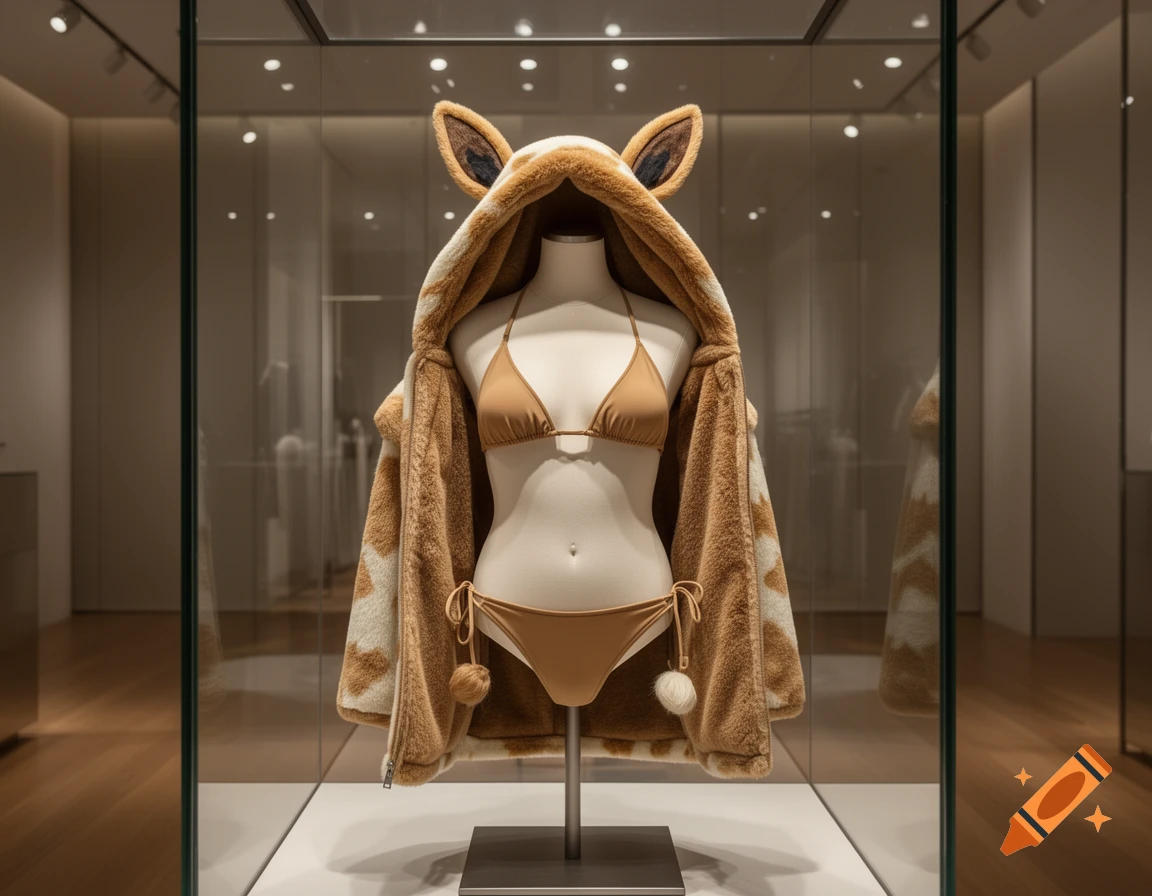 A mannequin in a glass display case wears a beige bikini and a brown and white hooded jacket with animal ears.