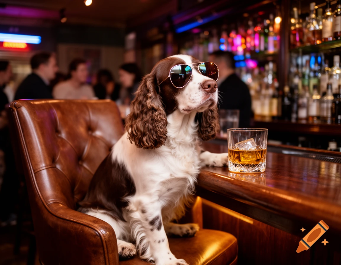 A photorealistic springer spaniel wearing sunglasses sits on a bar stool, a paw near a glass of whiskey in a dimly lit bar.