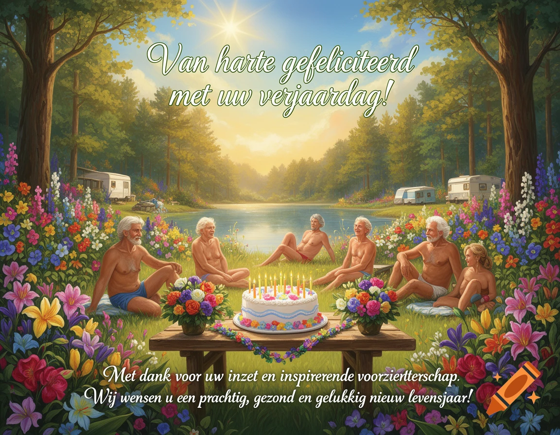 A vibrant digital painting of a diverse group of older, nude people enjoying a lakeside birthday picnic at a naturist campground. A cake and flowers sit on a wooden table, surrounded by lush flowers and trees. Text reads: "Happy birthday! Thank you for your efforts and inspiring leadership. We wish you a wonderful, healthy, and happy new year!"