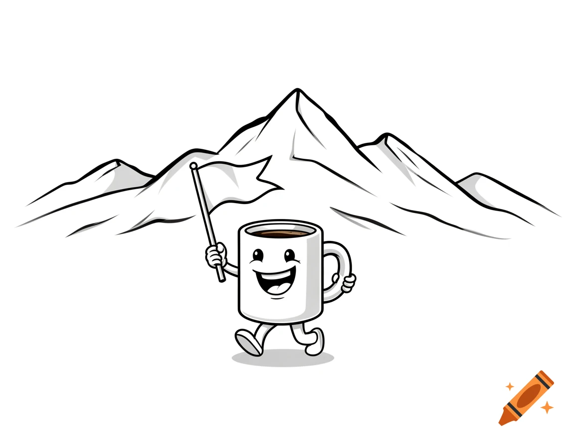A happy cartoon coffee mug holding a white flag and walking, with black and white mountains in the background.