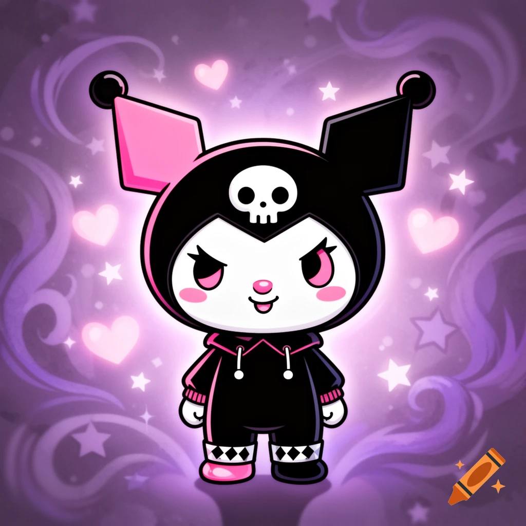 Cute cartoon character resembling Kuromi in a black hoodie with a skull emblem, surrounded by pink hearts and stars on a purple background.