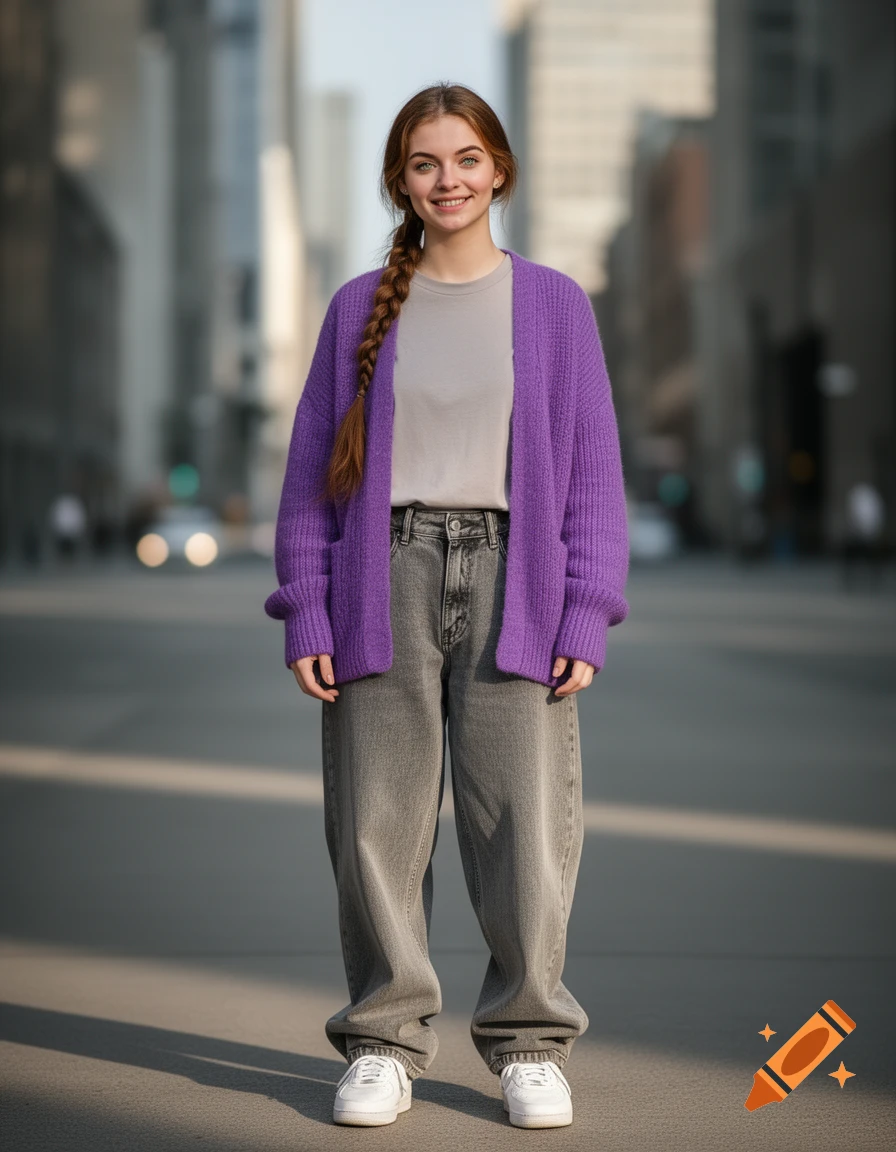 A young woman with a braided ponytail and green eyes smiles, wearing a purple cardigan, baggy grey jeans, and white sneakers on a city street. Photorealistic.