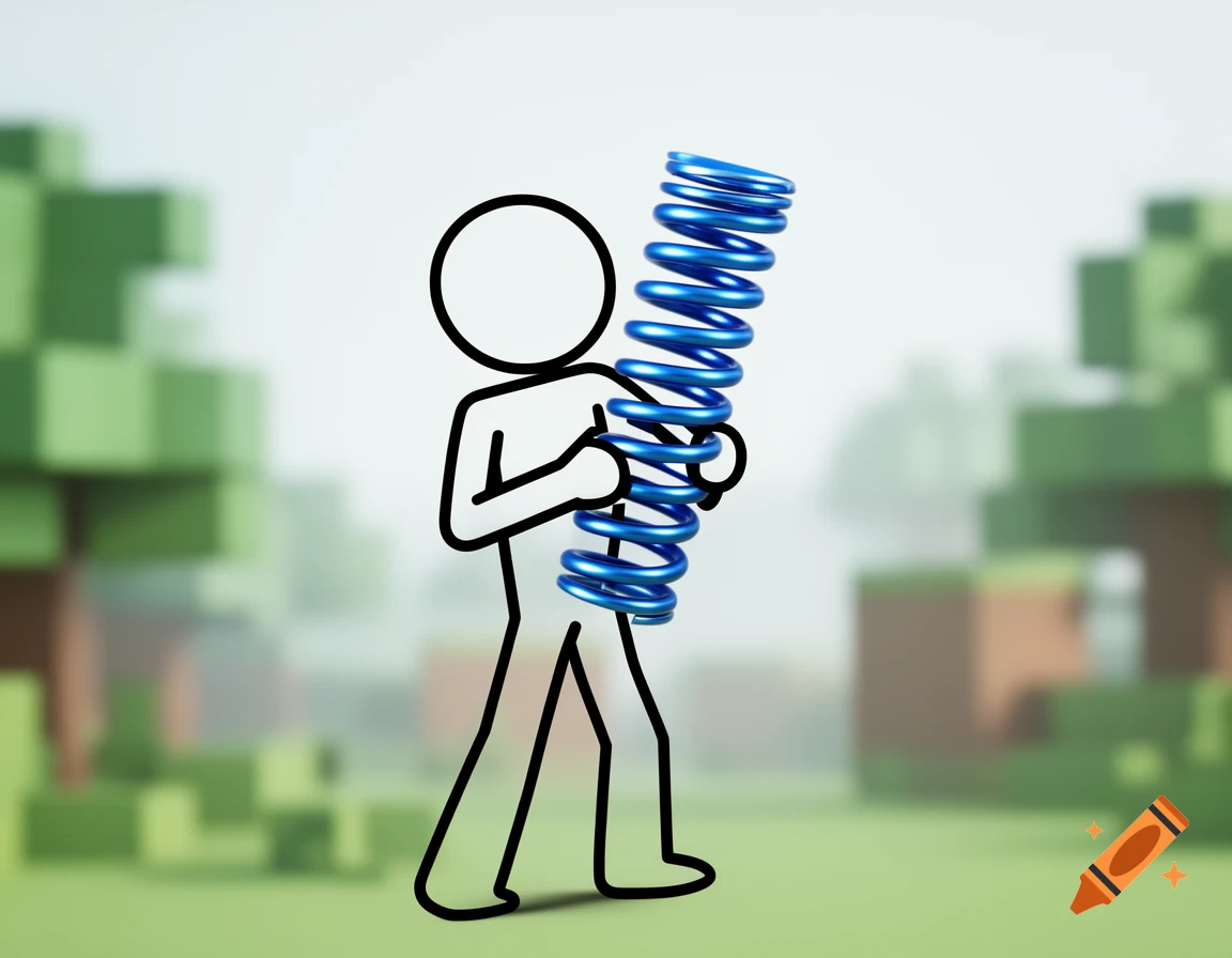 A black outlined stickman figure holds a large, shiny blue spring coil against a blurred, blocky Minecraft-like background.