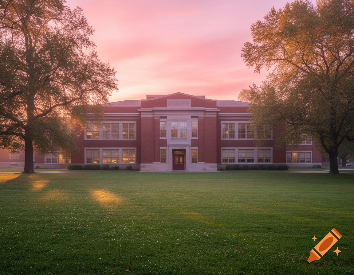 A red brick school building with white trim stands on a green lawn, flanked by large trees, under a pink and orange sunrise sky.
