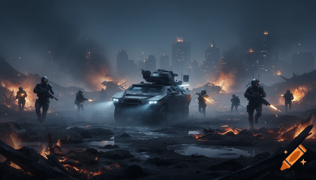 Soldiers and an armored vehicle move through a burning, destroyed city at night, under a smoky sky.