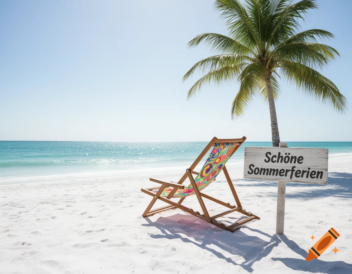 Photorealistic image of a colorful deck chair and a sign reading "Schöne Sommerferien" on a white sand beach with a palm tree.