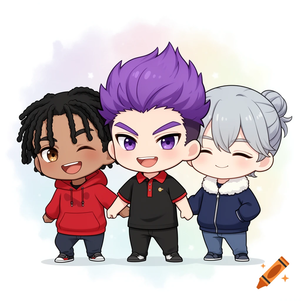 Three chibi male characters: one with dreadlocks in a red hoodie, one with purple hair in a black polo, and one with gray hair in a bun in a navy jacket, holding hands.