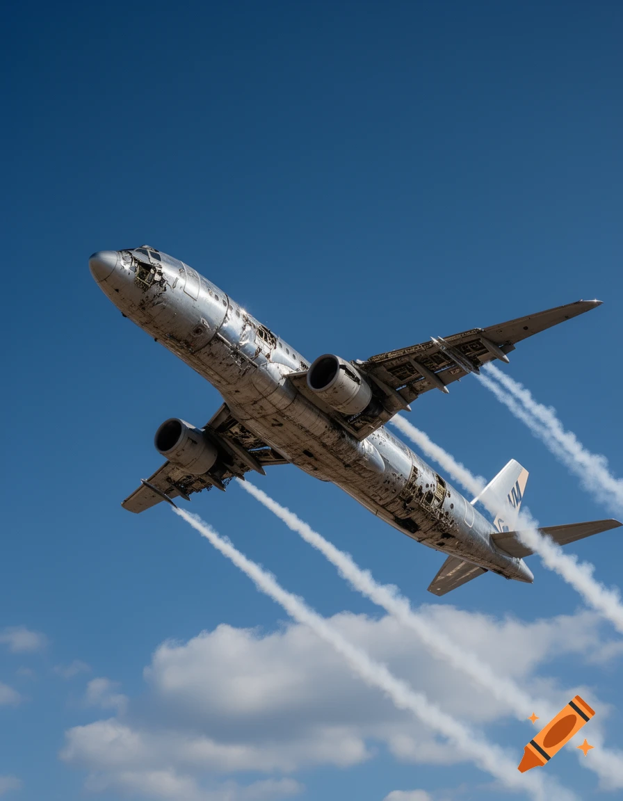 A photorealistic image of a heavily damaged silver airplane flying in a blue sky, leaving multiple contrails.