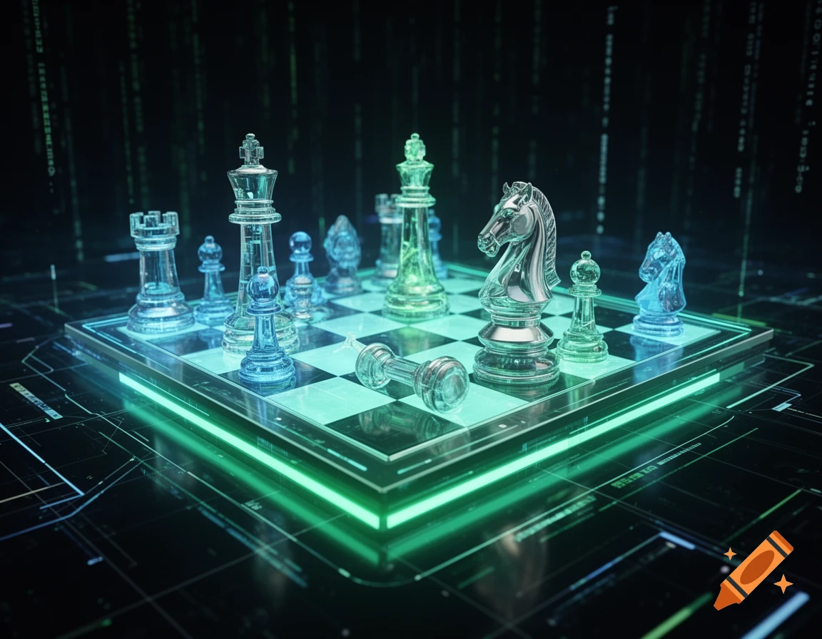 A virtual chessboard with glowing green and blue translucent chess pieces on a dark, circuit-like background.