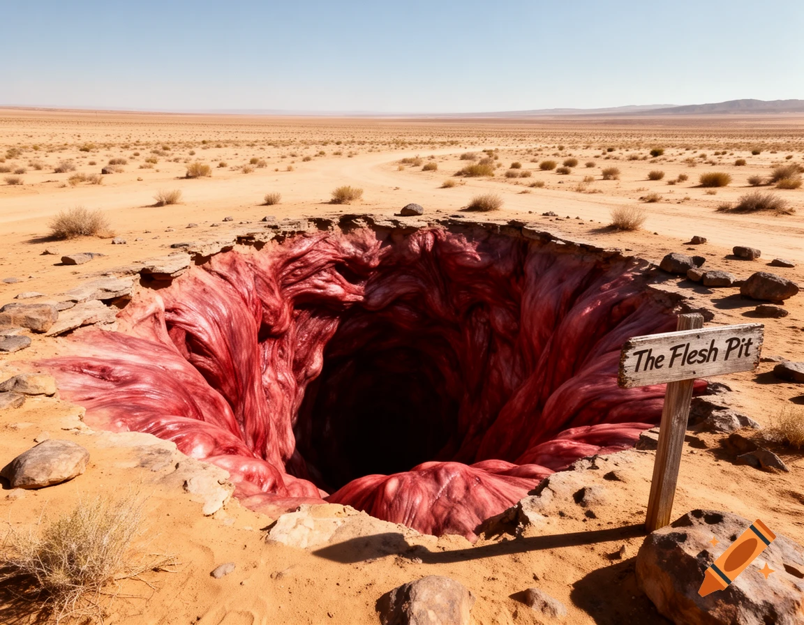 A surreal image of a large pit in a desert landscape, lined with red, organic flesh-like material, with a wooden sign reading 'The Flesh Pit'.