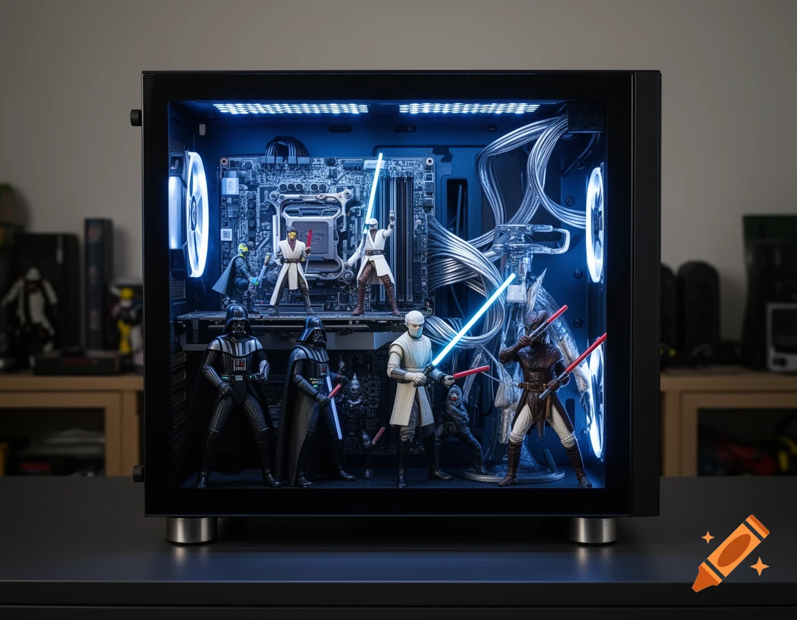 Star Wars action figures, including Darth Vader and Jedi, posed inside a glowing gaming PC case with blue LED lights.