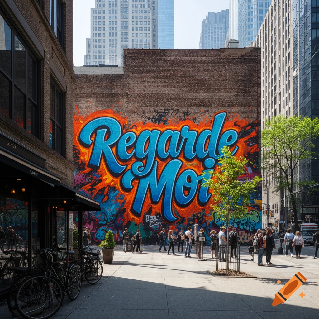 A vibrant blue and orange 'Regarde Moi' graffiti mural covers a brick wall in a bustling photorealistic city street with pedestrians and bicycles.