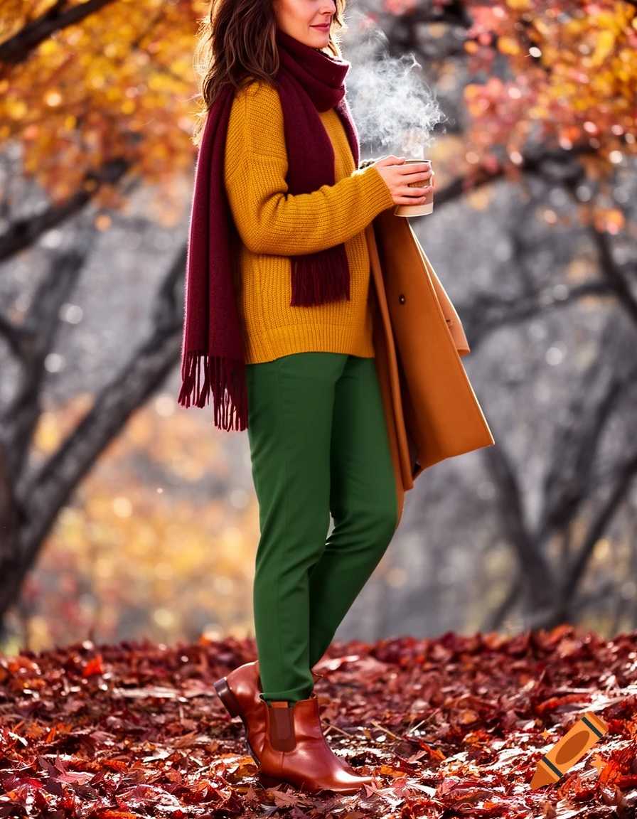 A person in a mustard sweater, burgundy scarf, and green pants stands among fallen autumn leaves, holding a steaming mug.