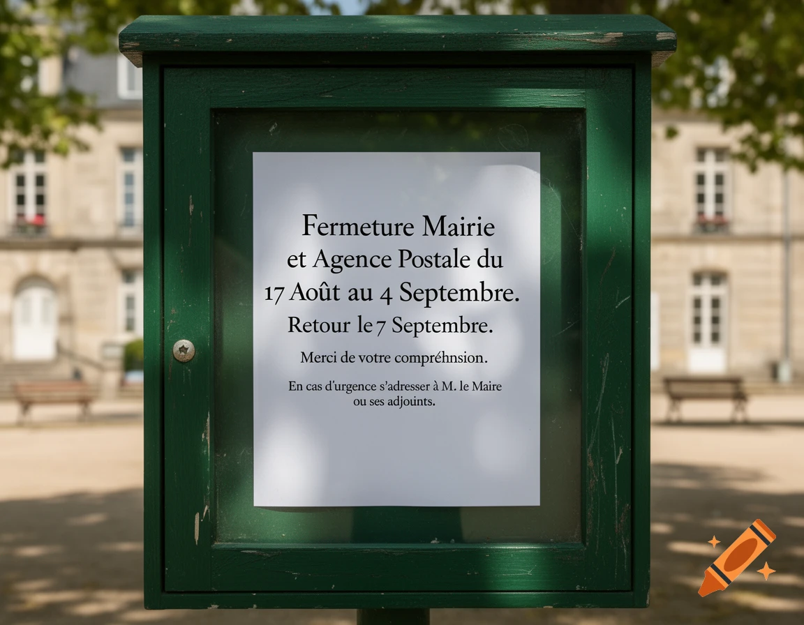 A dark green outdoor notice board displays a white sign with a closure notice in French, in front of a blurred building.