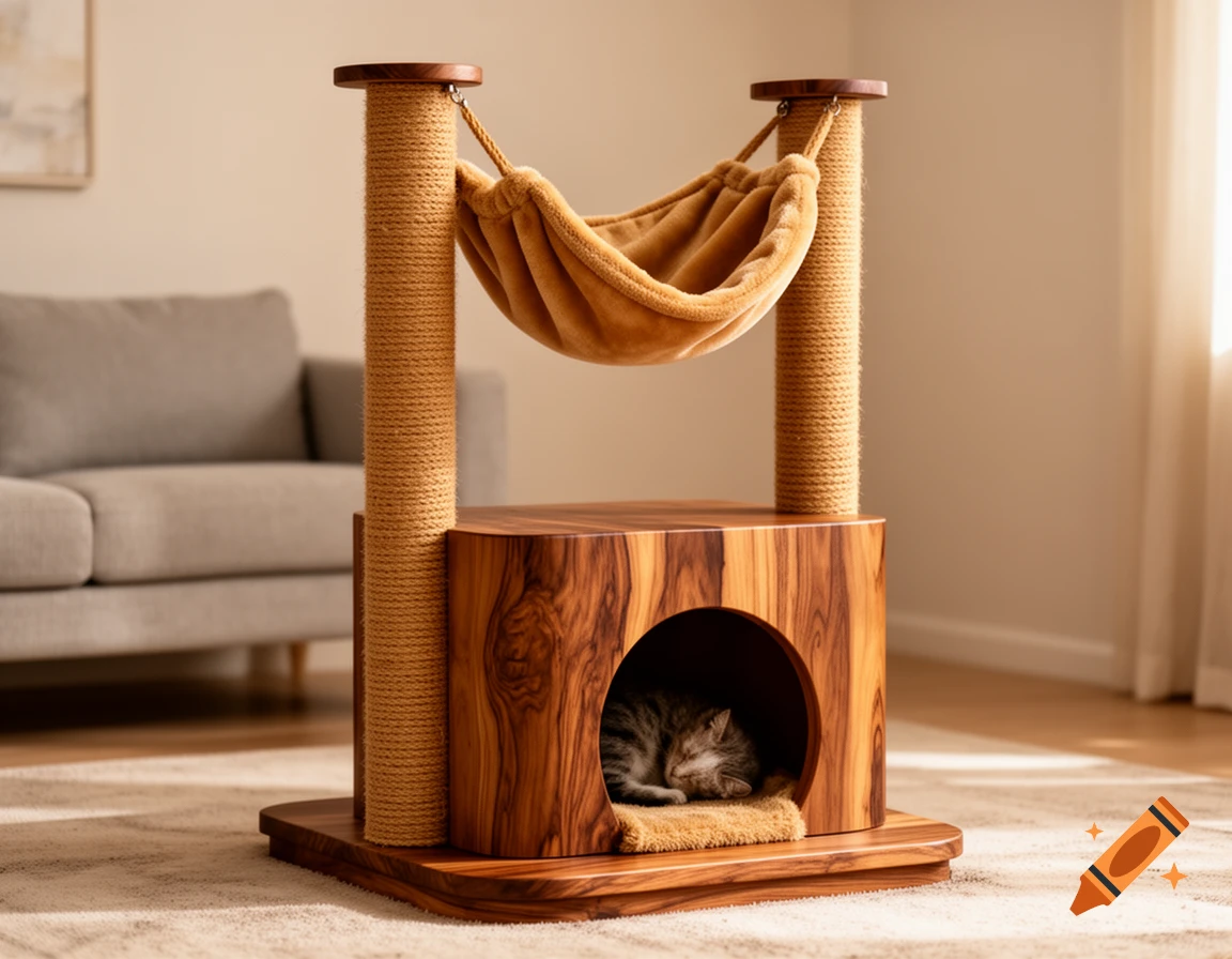 A photorealistic cat tree made of wood and scratching posts, featuring a hammock and a cave where a cat sleeps. Indoors.