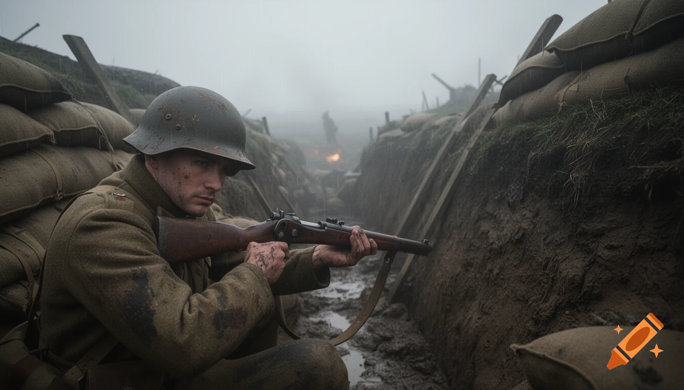 Photorealistic image of a World War 1 French soldier in a muddy trench, holding a rifle, looking into the fog.