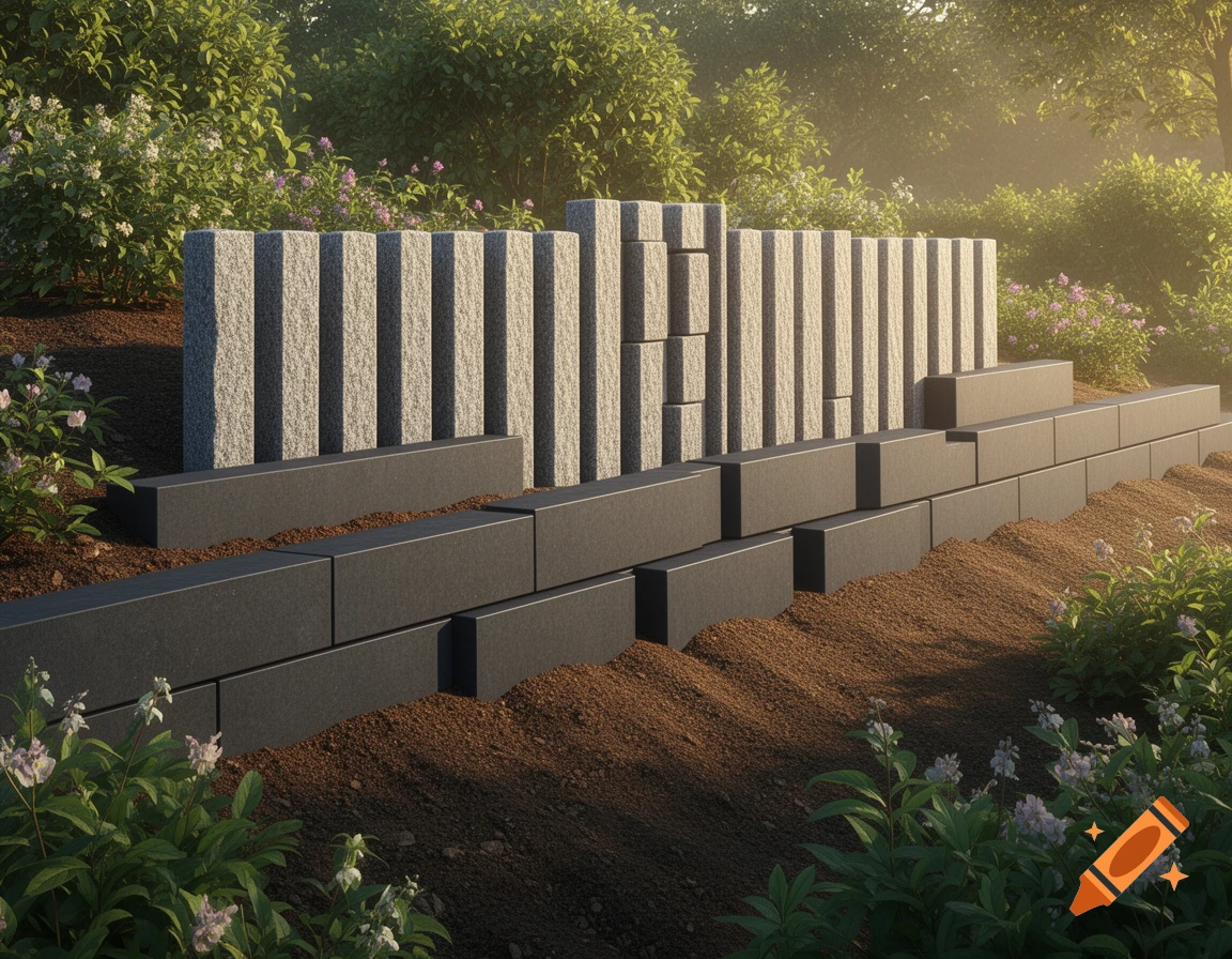 A newly constructed garden retaining wall with dark L-shaped concrete blocks and lighter vertical palisades, set into a dirt slope with green plants and small flowers in a sunny outdoor setting.