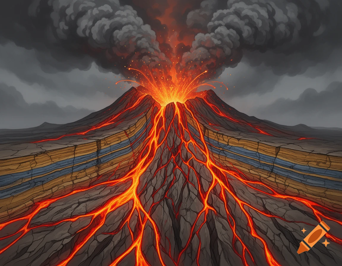 An illustration of an erupting volcano, cut away to show lava flowing through distinct, horizontal sediment layers beneath the surface.