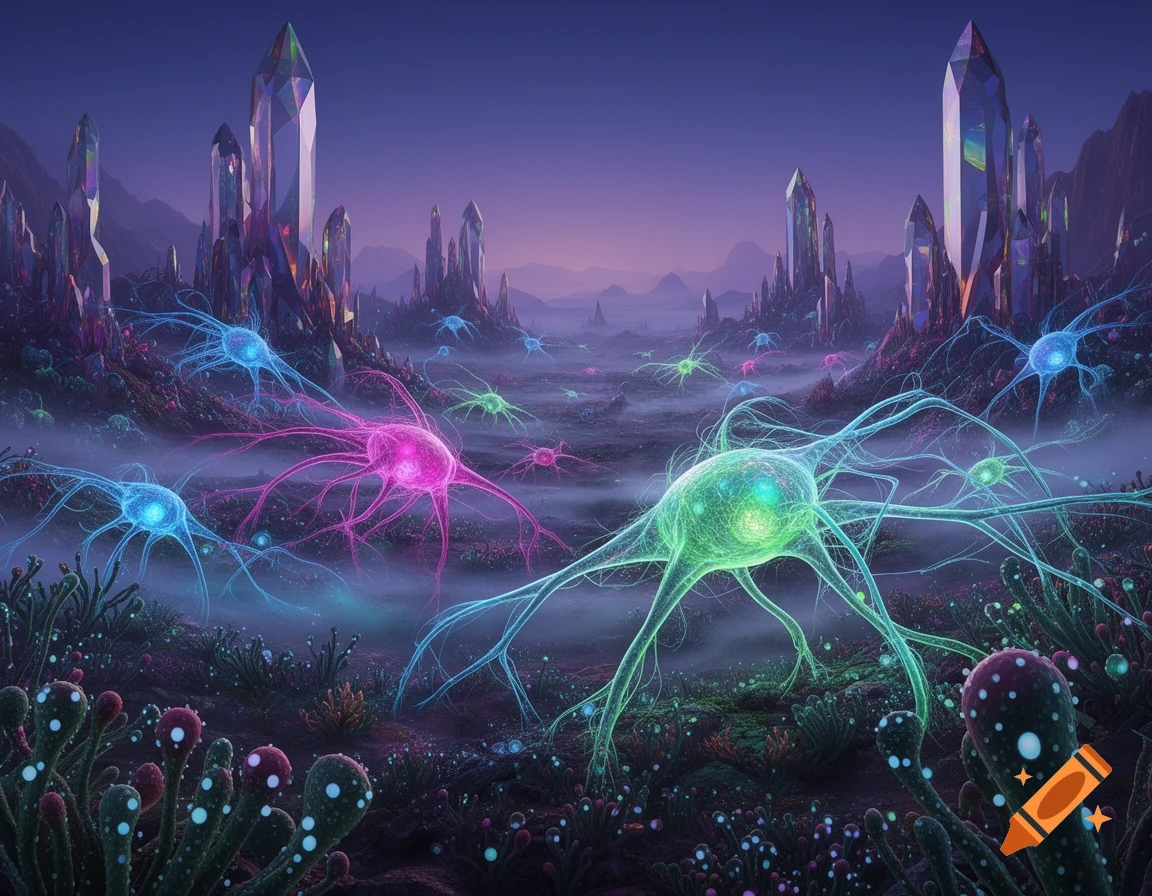 Vibrant neuron-like alien creatures glow amidst mist and towering crystals in an otherworldly landscape at dusk.