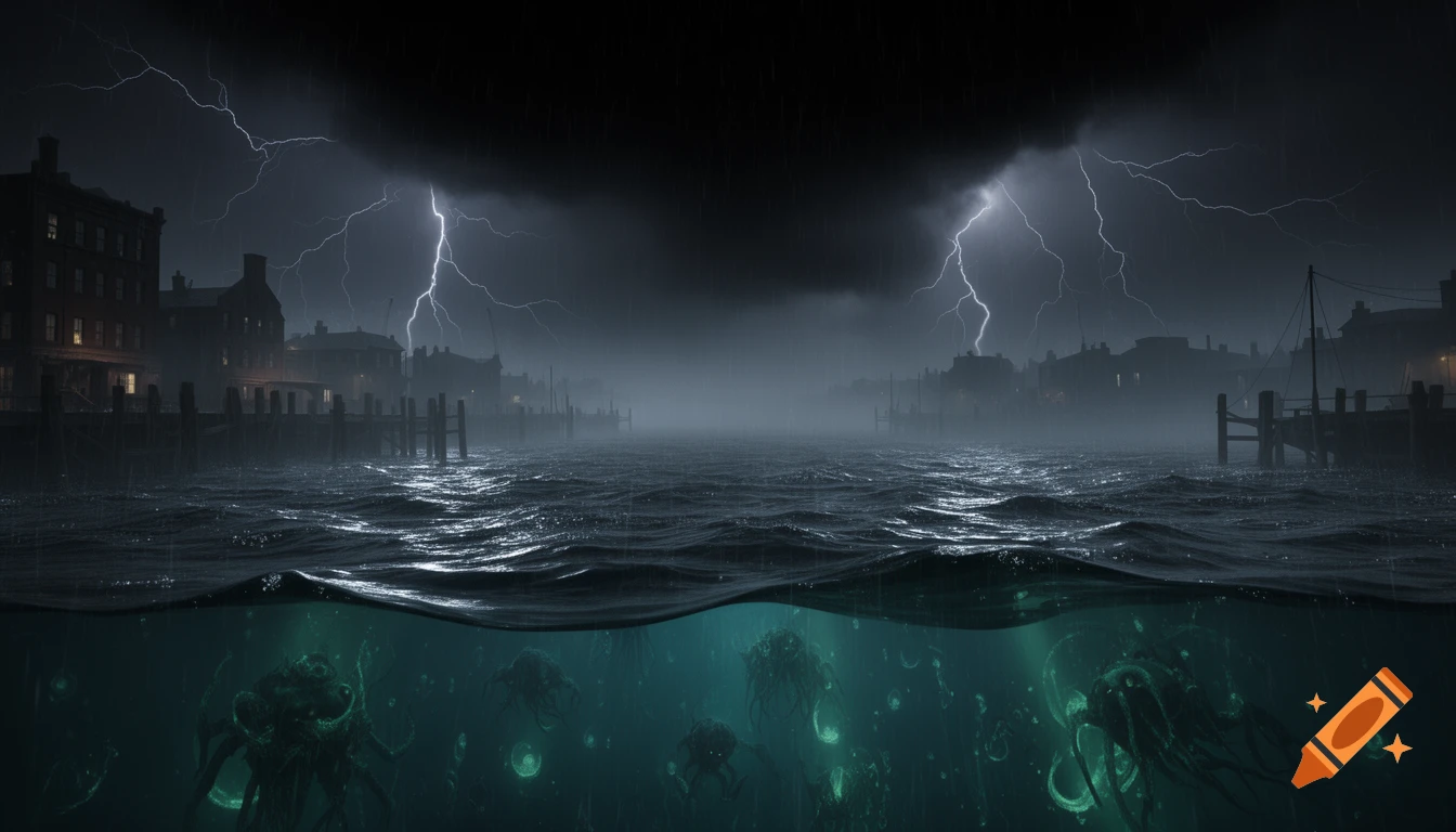 A stormy, foggy harbor at night, lit by lightning, with buildings lining the shore. Below the choppy water, glowing deep-sea creatures swim.