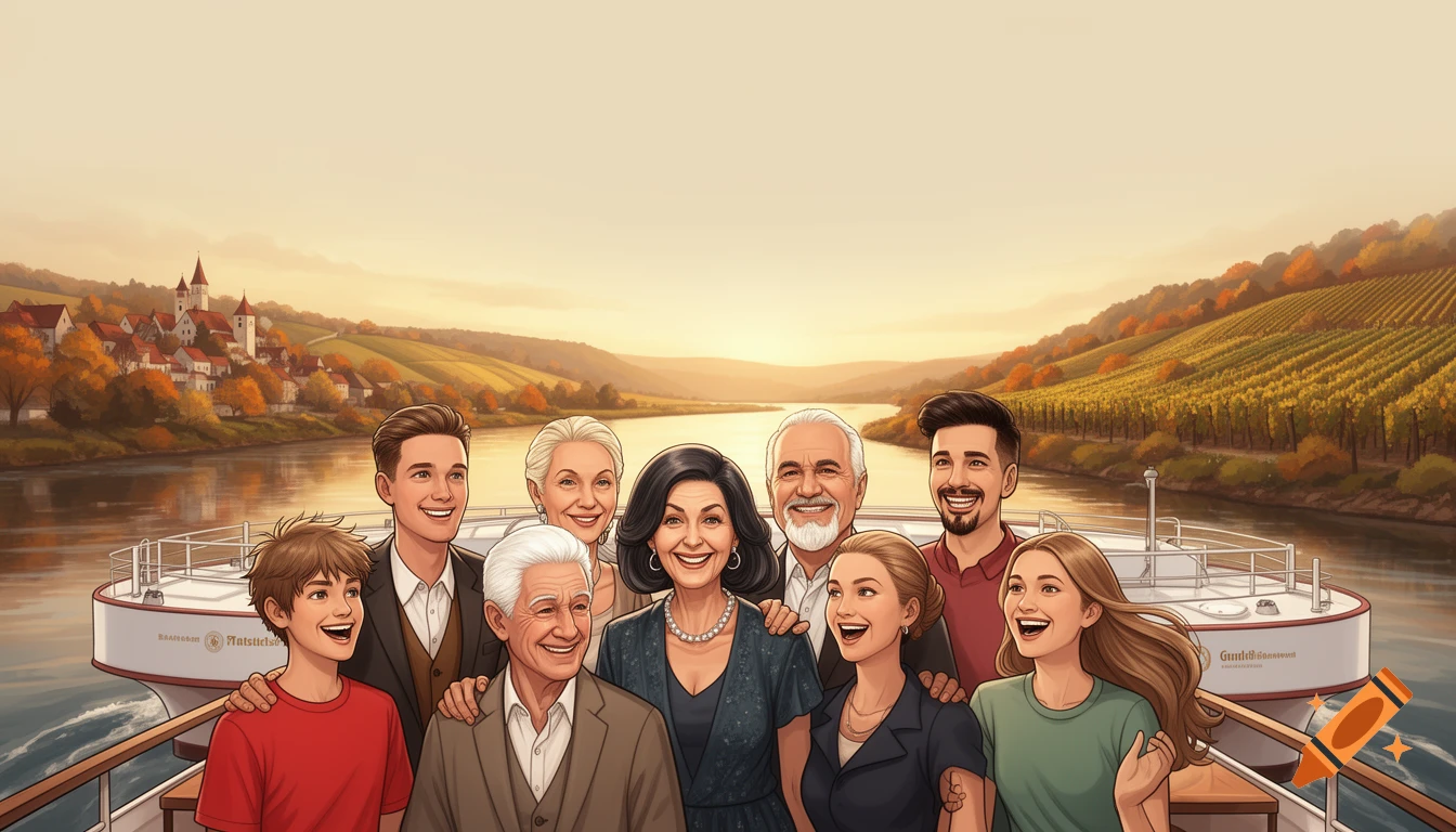 A joyful cartoon family of eight smiles while on a riverboat cruise, with a scenic German village and vineyards along the riverbank at sunset.
