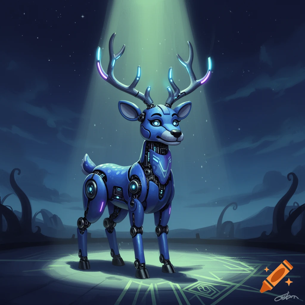 A stylized blue robotic deer animatronic with glowing neon accents stands under a spotlight at night in an otherworldly landscape.