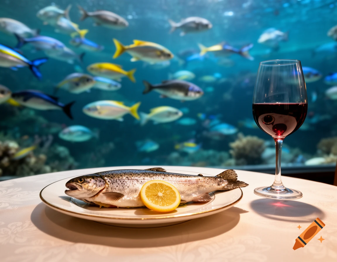 A whole trout with lemon on a plate, next to a glass of red wine, with a blurred aquarium background featuring swimming fish.