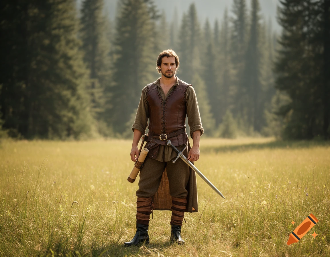 A male adventurer in fantasy attire, wearing a brown leather vest and holding a sword, stands in a sunlit grassy field with a dense forest in the background.