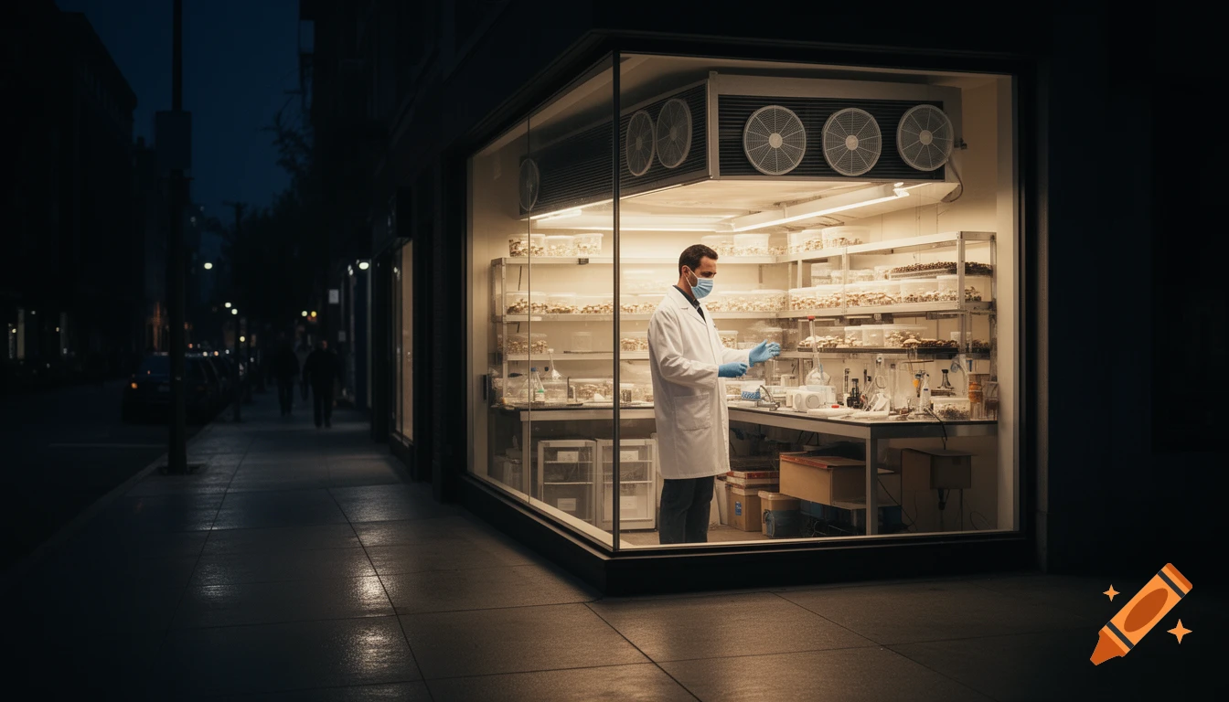 A man in a lab coat and mask works with mushroom cultures in a brightly lit storefront lab, viewed from a dark city sidewalk at night.