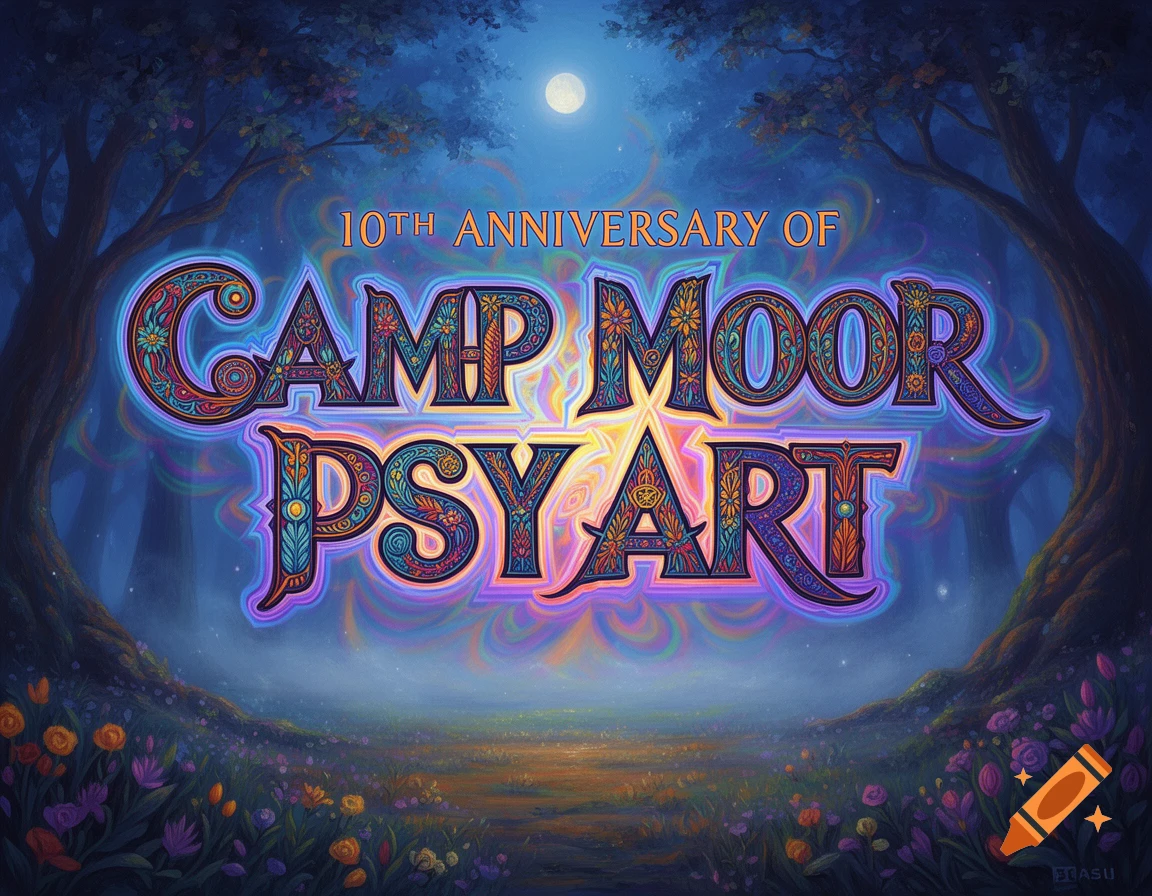 Vibrant psychedelic art style logotype reading '10th ANNIVERSARY OF CAMP MOOR PSY ART' in a magical forest at night.