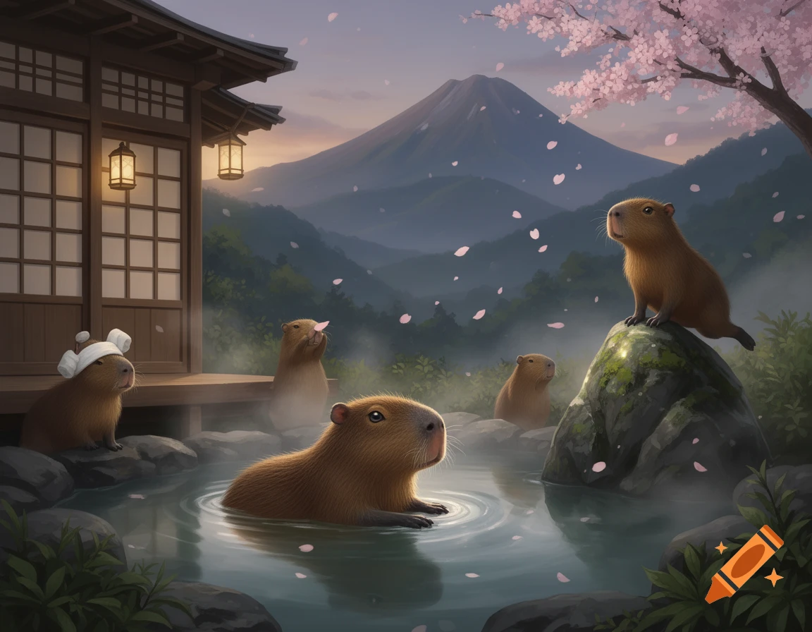 Several capybaras relax in a steaming outdoor Japanese hot spring with Mount Fuji and cherry blossoms in the background, one wears a towel.